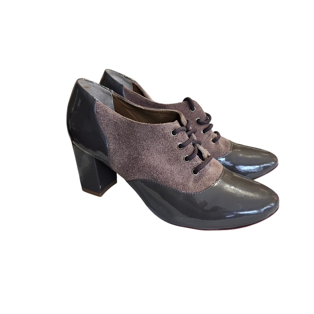 Nina Payne Oxford Heels Women 40 Gray Suede Patent Leather Lace Up Block Heel